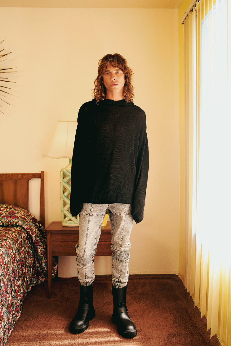 Cotton Blend Knitted Hoodie With Woven Patch, Alternate, color, BLACK