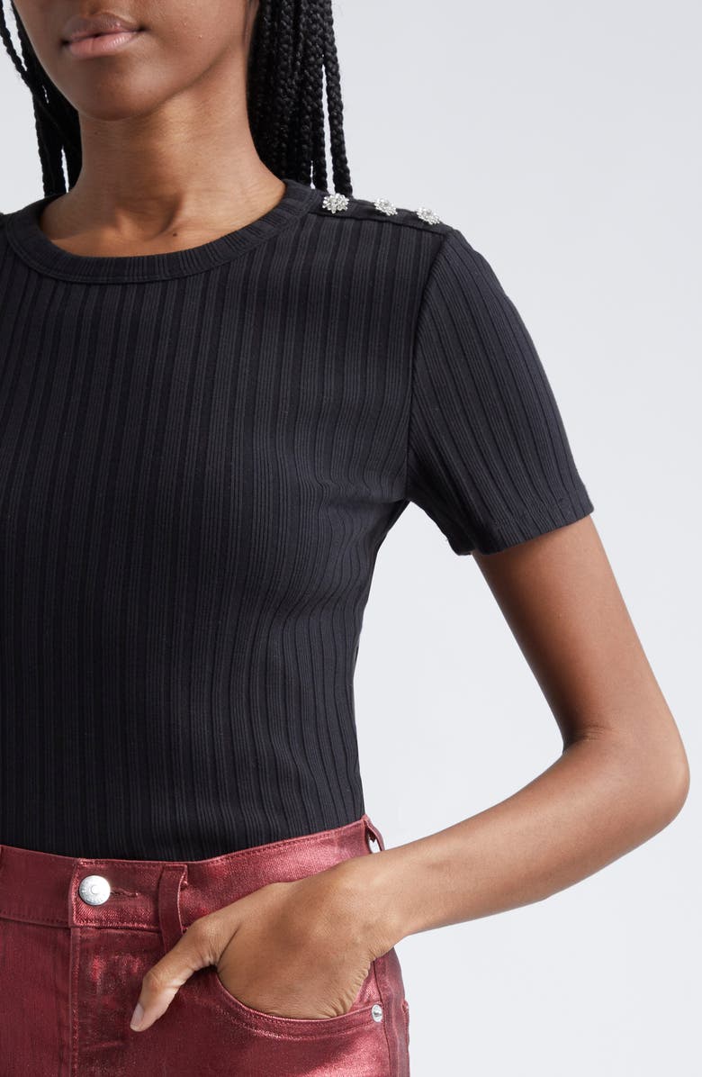 Veronica Beard Draya Rhinestone Button Detail Rib Stretch Cotton Top, Alternate, color, Black