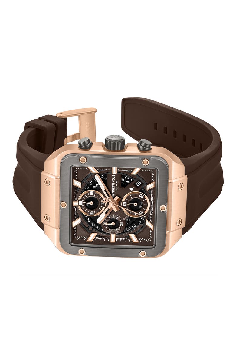 Arlington Automatic Chronograph Silicone Strap Watch, 43mm, Alternate, color, DARK BROWN