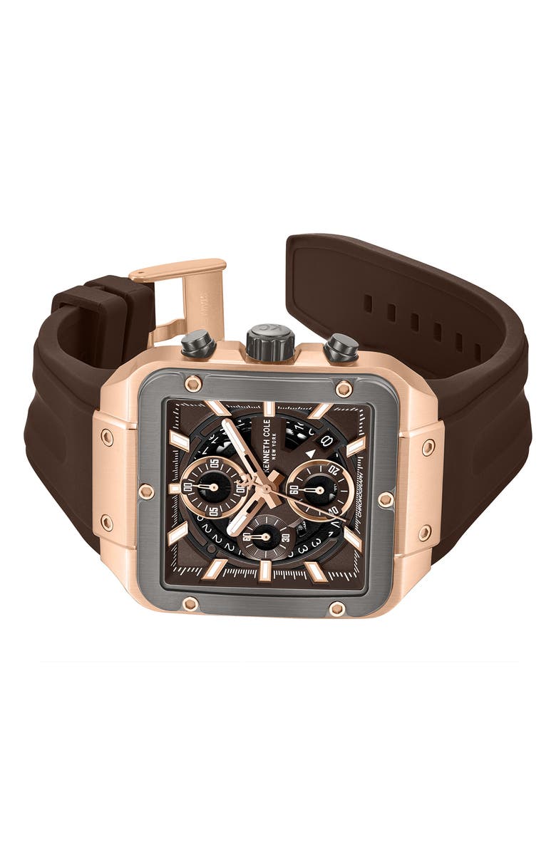 Kenneth Cole New York Arlington Automatic Chronograph Silicone Strap Watch, 43mm, Alternate, color, Dark Brown