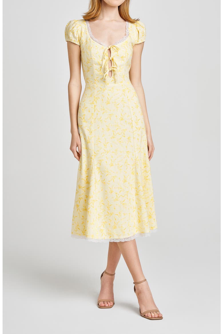 Cara Floral Cap Sleeve Linen Blend Midi Dress, Alternate, color, BUTTER FLORAL