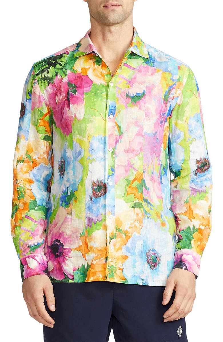 Ralph Lauren Purple Label Floral Print Linen Button-Up Shirt, Main, color,