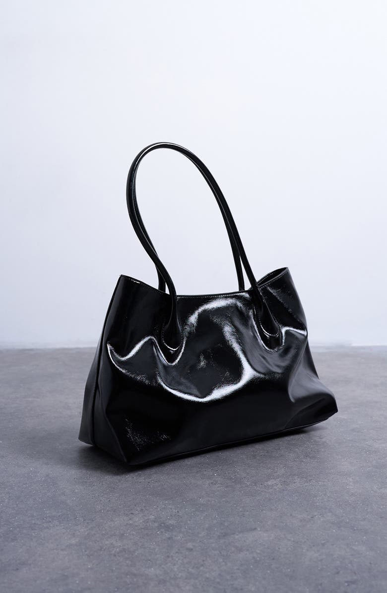 Topshop Tubler Patent Faux Leather Tote, Alternate, color, Black