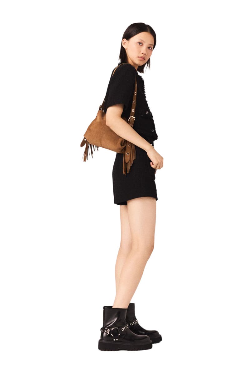 maje Shiny tweed shorts, Alternate, color, Black