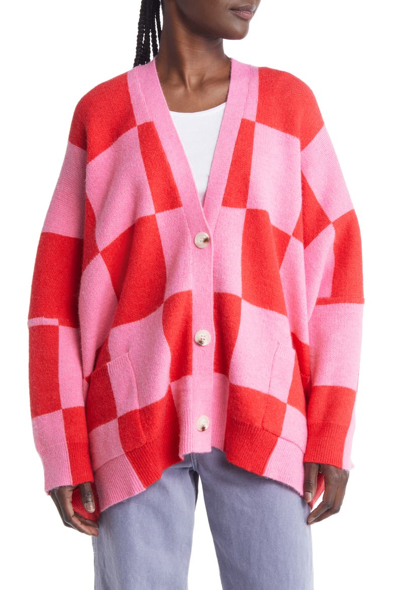 Love You Oversize Cardigan, Alternate, color, PINK RED CHECK