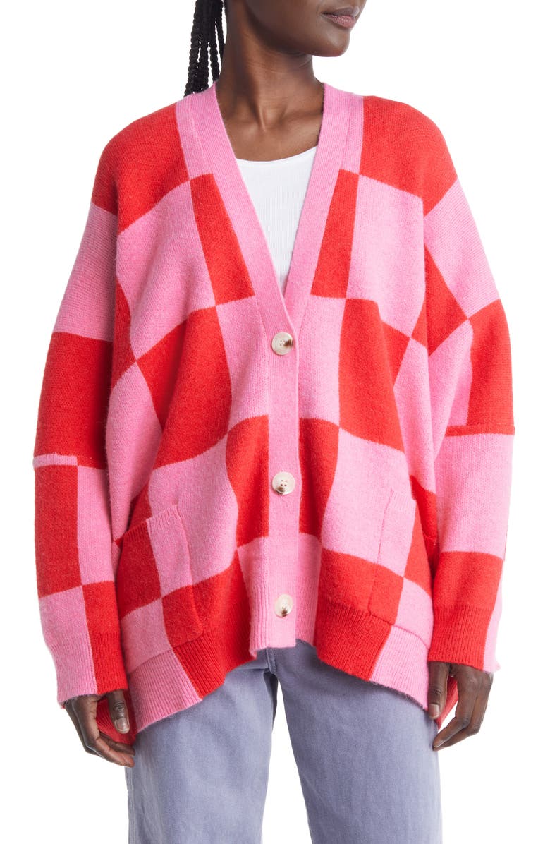 Dressed in Lala Love You Oversize Cardigan, Alternate, color, Pink Red Check