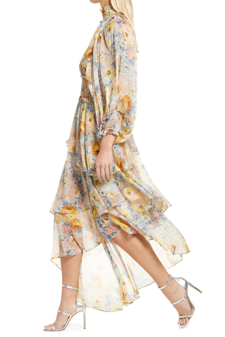 Astrid Floral Print Long Sleeve Asymmetric Chiffon Dress, Alternate, color, BEIGE MULTI