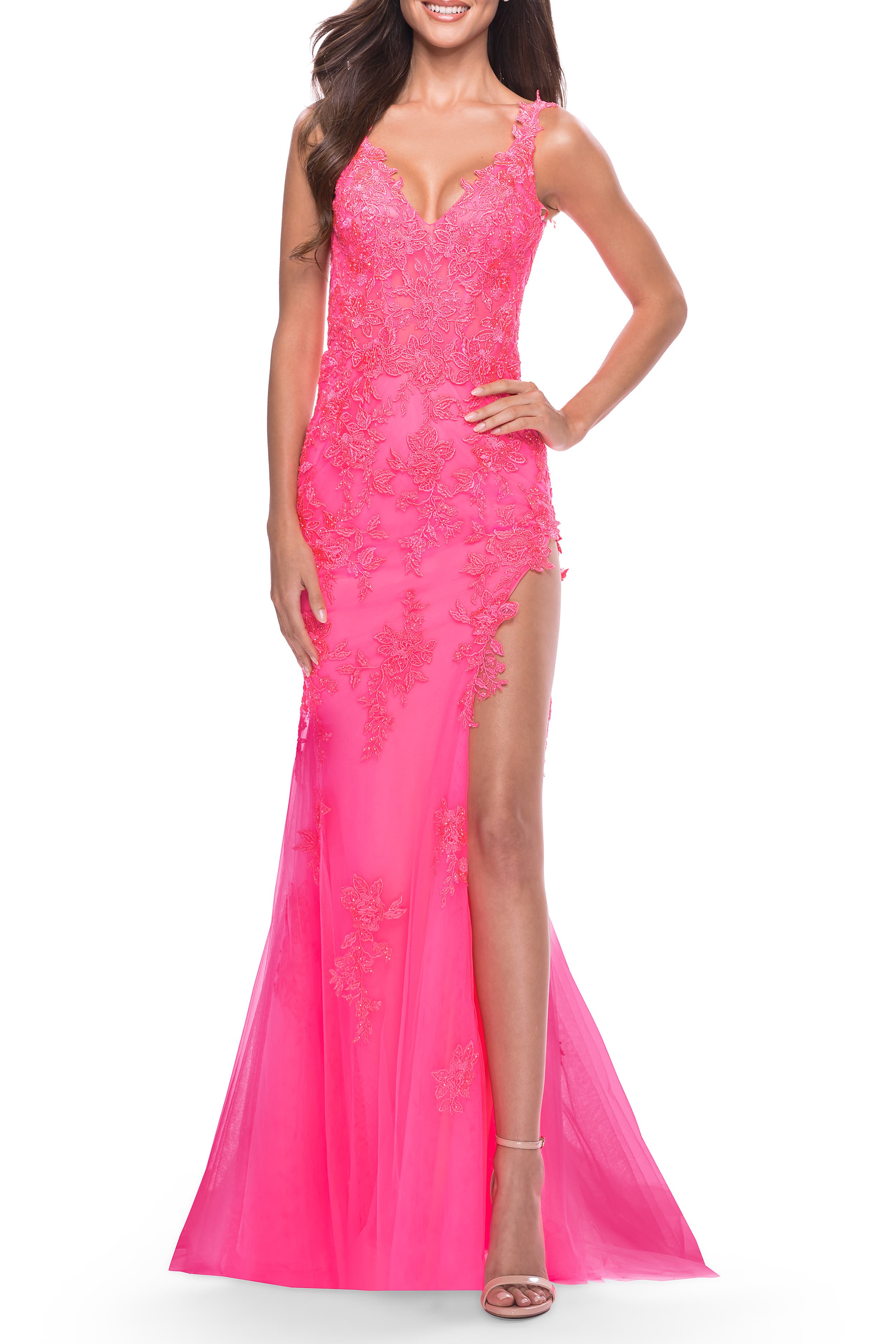 La Femme Lace Long Dress with High Side Slit and V Neckline in Neon Pink 