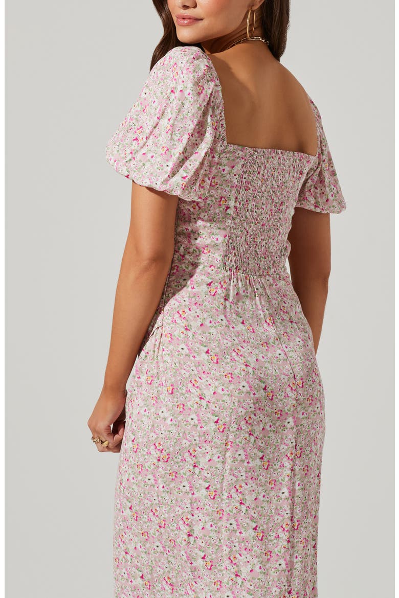 Puff Sleeve Front Slit Midi Dress, Alternate, color, PINK MULTI DITSY