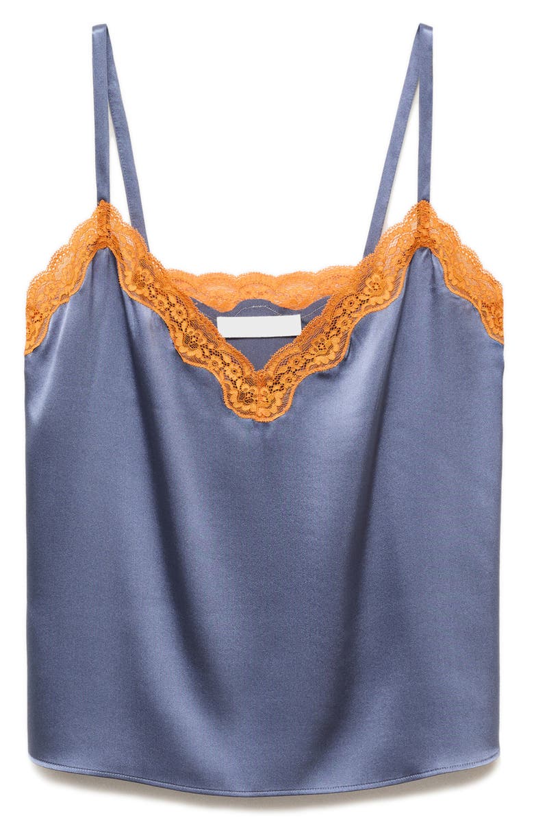 MANGO Contrast Lace Silk Camisole, Alternate, color, Ink Blue