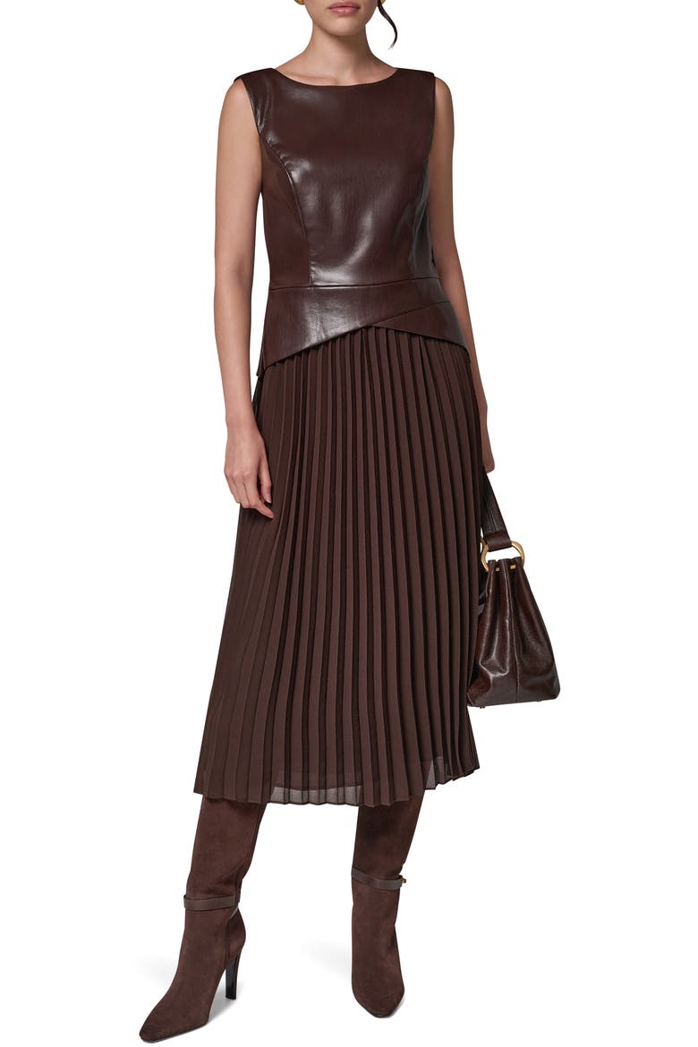 Faux Leather & Pleated Dress, Main, color, ESPRESSO