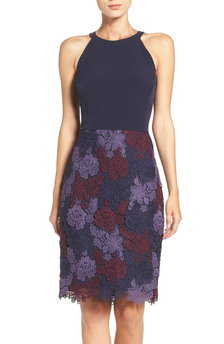 Maggy London Crepe & Lace Sheath Dress, Main, color, 