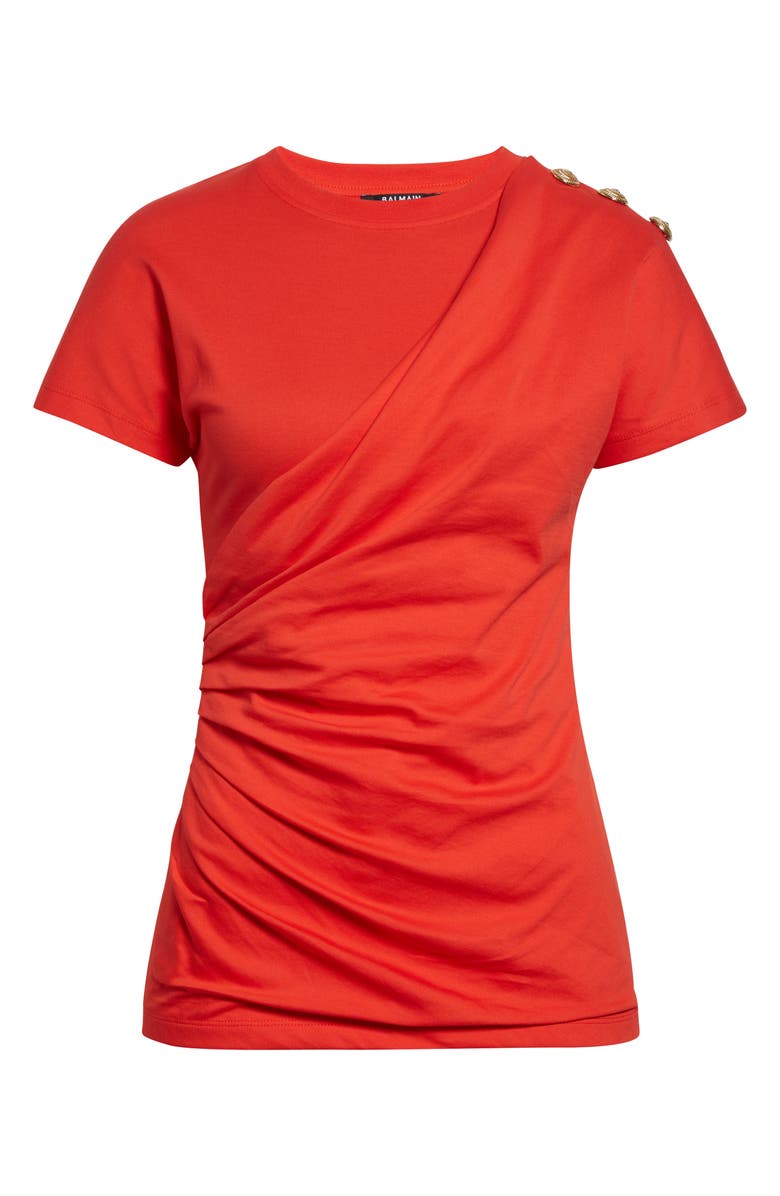 Balmain Button Detail Draped Jersey T-Shirt, Alternate, color, Red