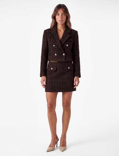 Long-sleeve Double-breasted Plaid Cropped Tweed Blazer