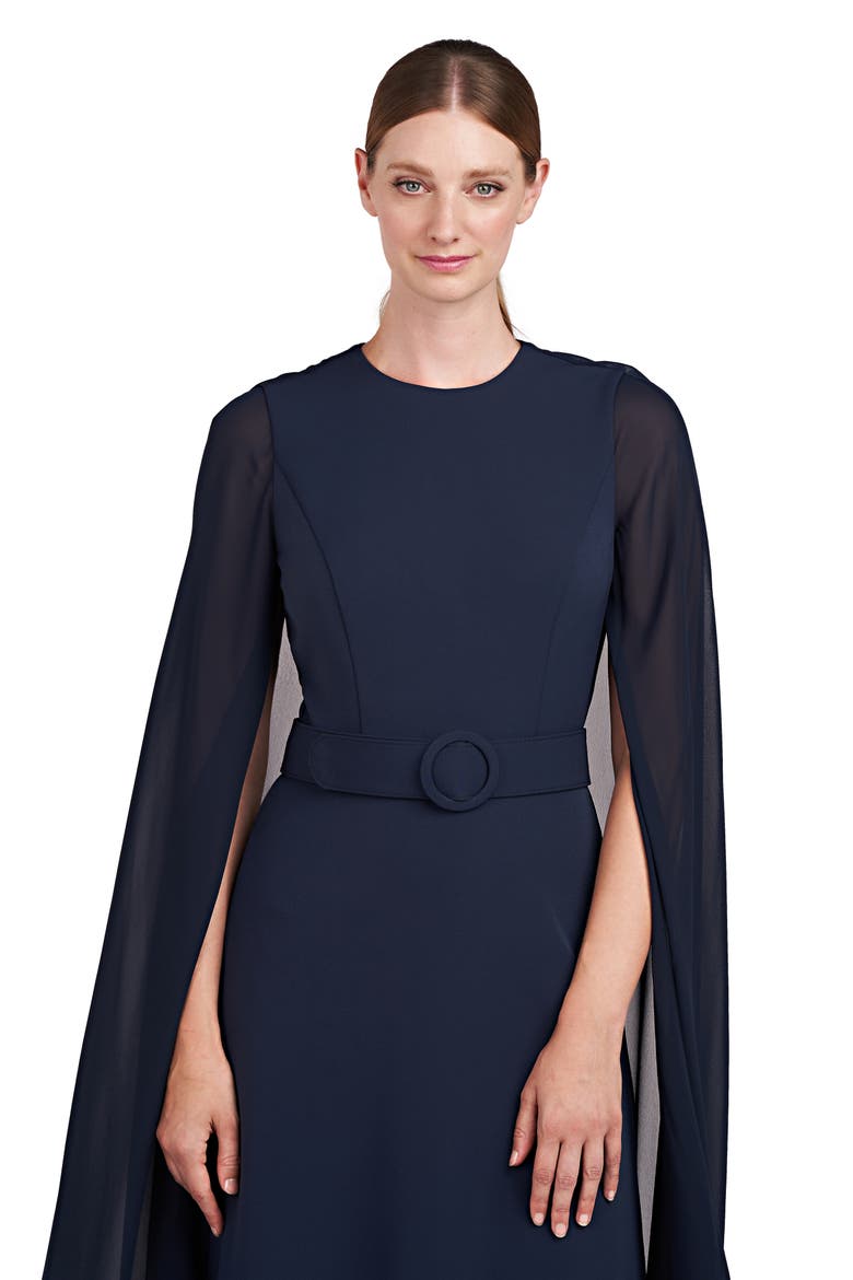 Freya Belted Cape Gown, Alternate, color, DARK NAVY