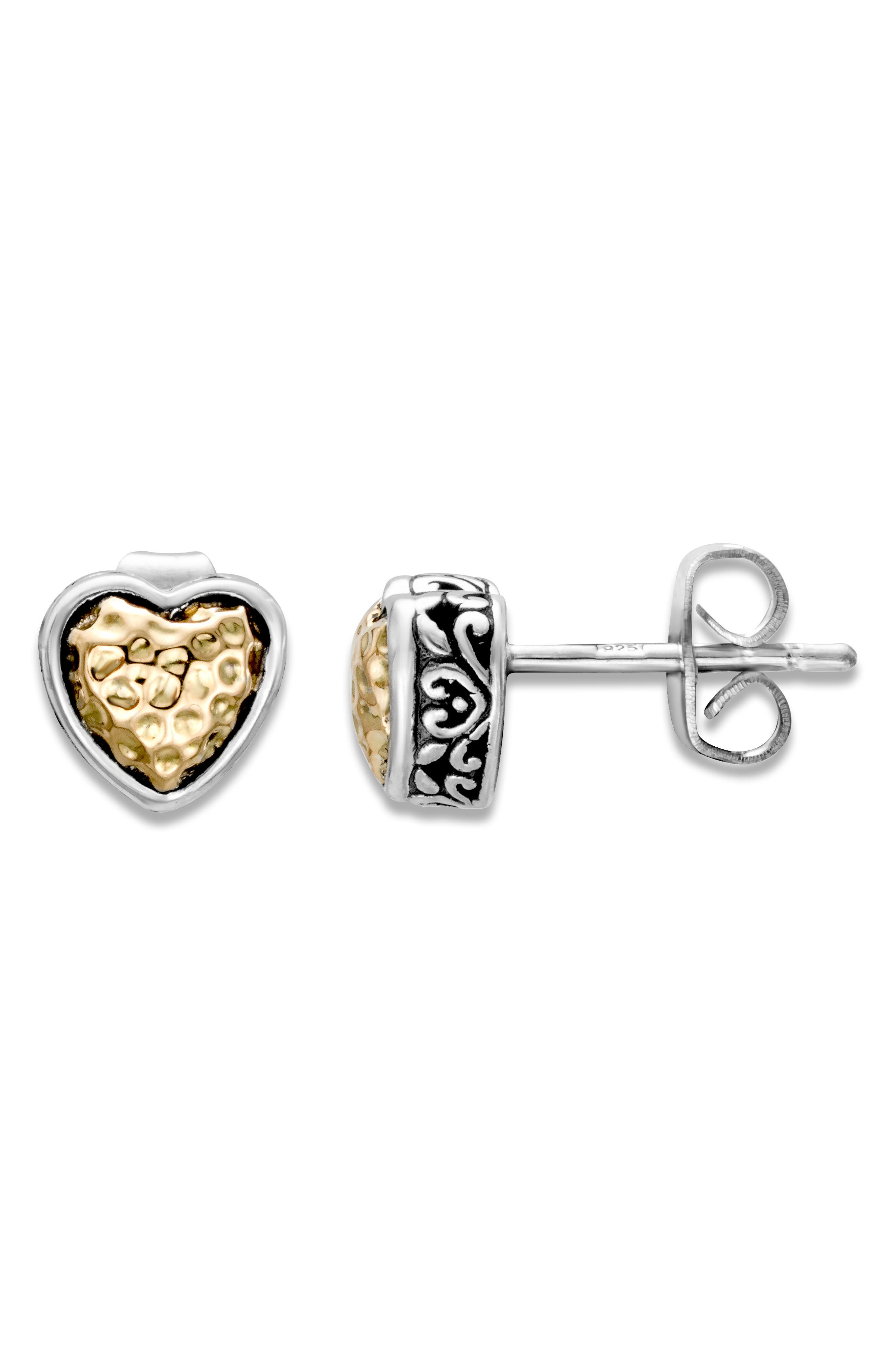 18k Gold and Sterling Silver Hammered Heart Stud Earrings