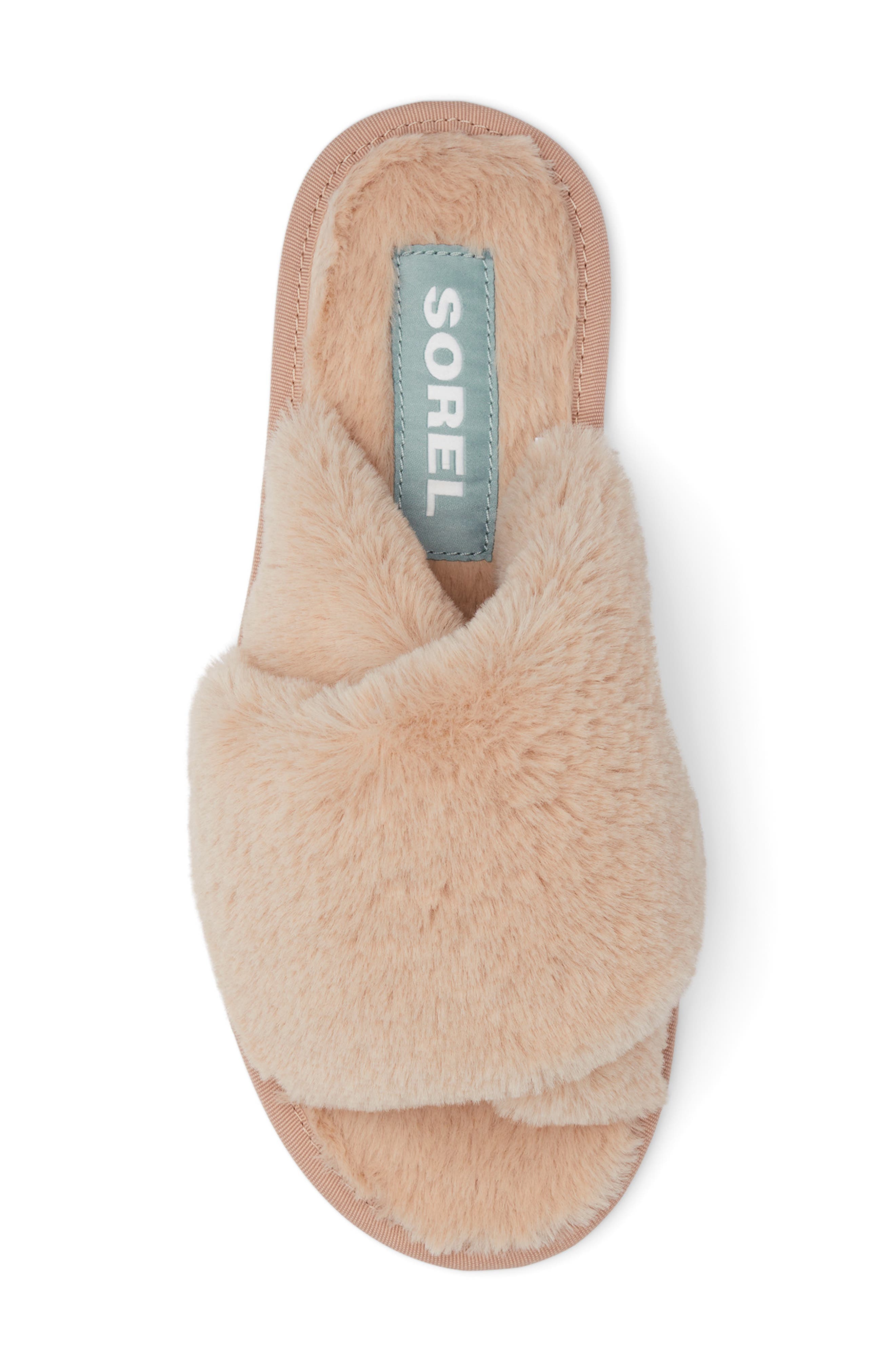 SOREL Go Mail Run Faux Fur Slide Slipper, Alternate, color, Natural Tan/ Sea Sal