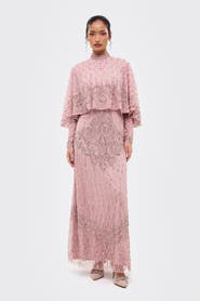 MARYISA Modest Cape Embellished Sequins Gown