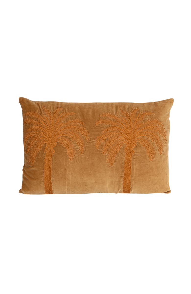 Storied Home Cotton Velvet Embroidered Pillow with Palm Trees and Chambray Back, Brown and Natural, Main, color, Orange