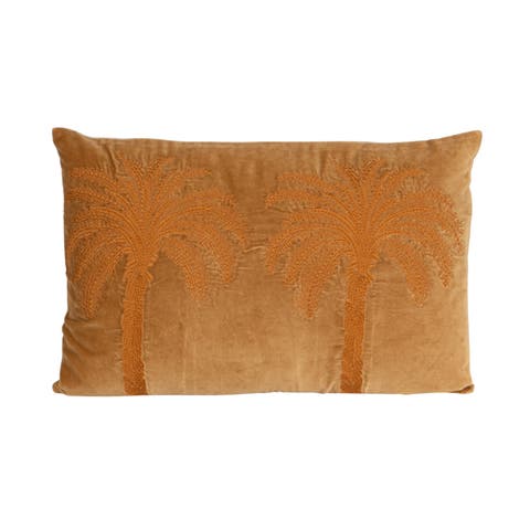 Cotton Velvet Embroidered Pillow with Palm Trees and Chambray Back, Brown and Natural