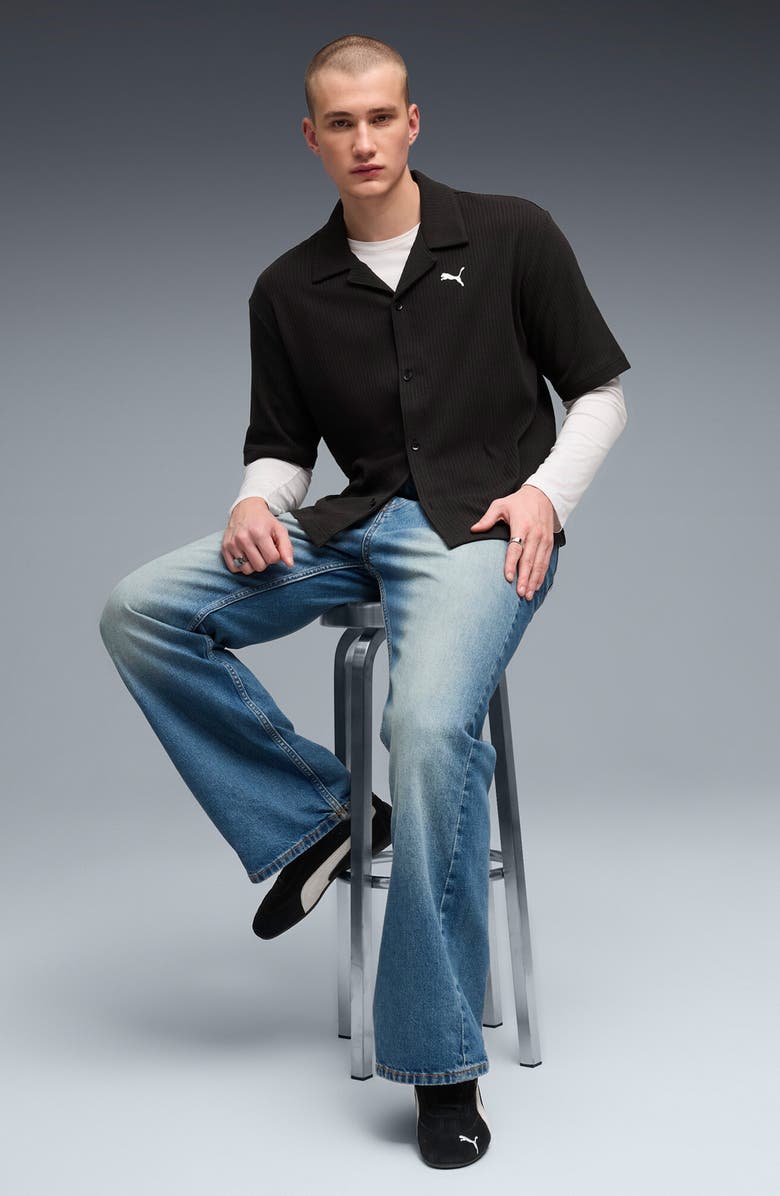 PUMA Wardrobe Essentials Waffle Knit Boxy Button-Up Shirt, Alternate, color, Puma Black