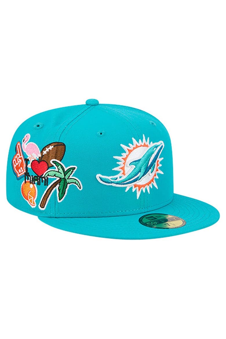 Men's New Era  Aqua Miami Dolphins Group Chat 59FIFTY Fitted Hat, Main, color, Aqua