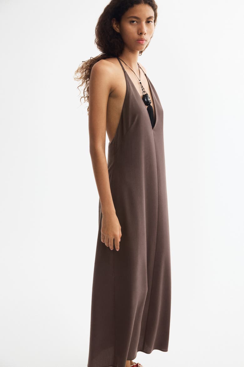Crêpe Halterneck Dress, Alternate, color, Dark brown
