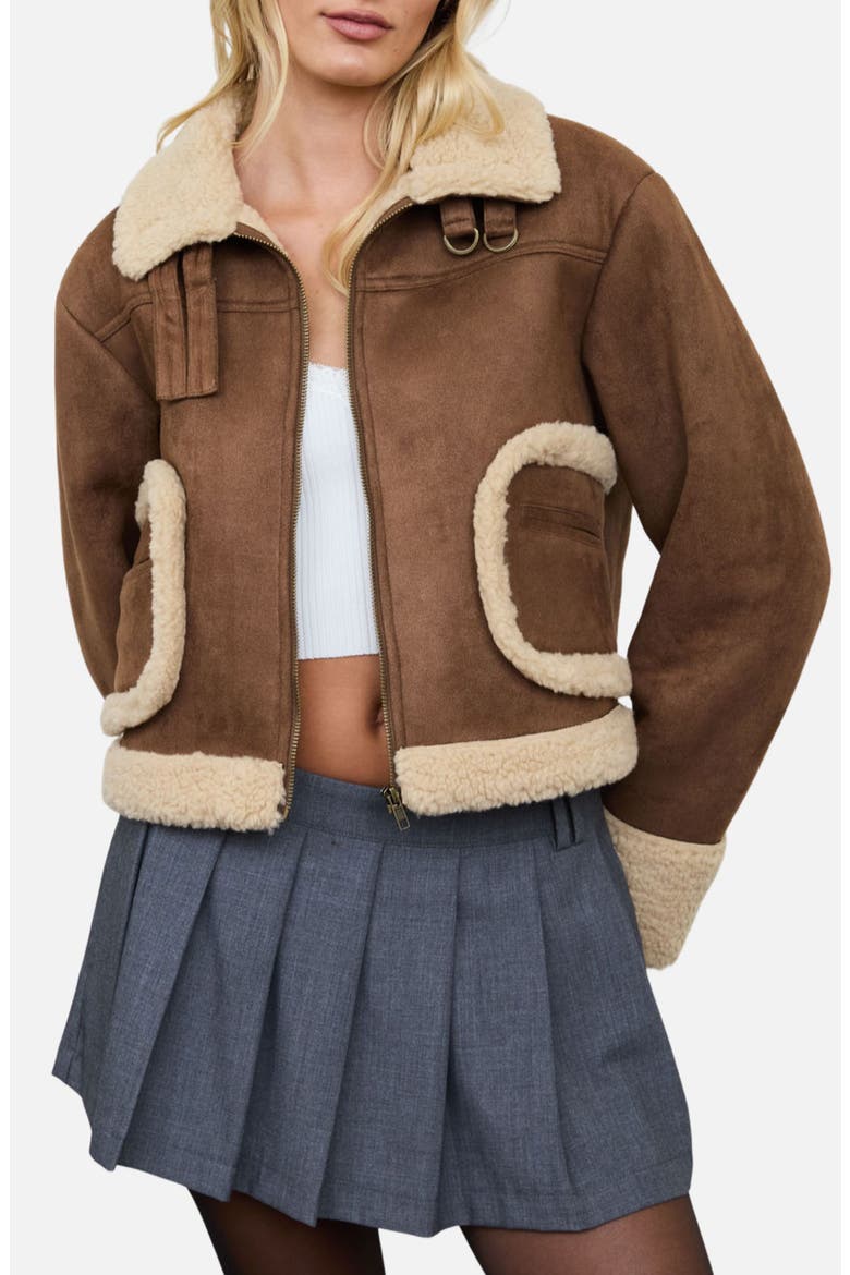 Faux Shearling Trim Faux Suede Jacket, Main, color, BROWN MULTI