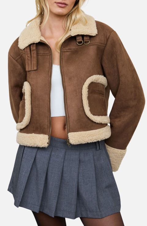 Faux Shearling Trim Faux Suede Jacket
