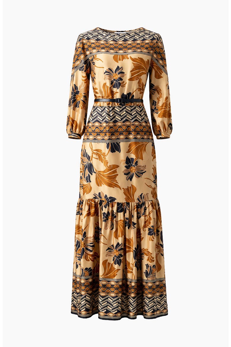 Belted Floral Fit-and-Flare Maxi Dress, Alternate, color, Light Brown