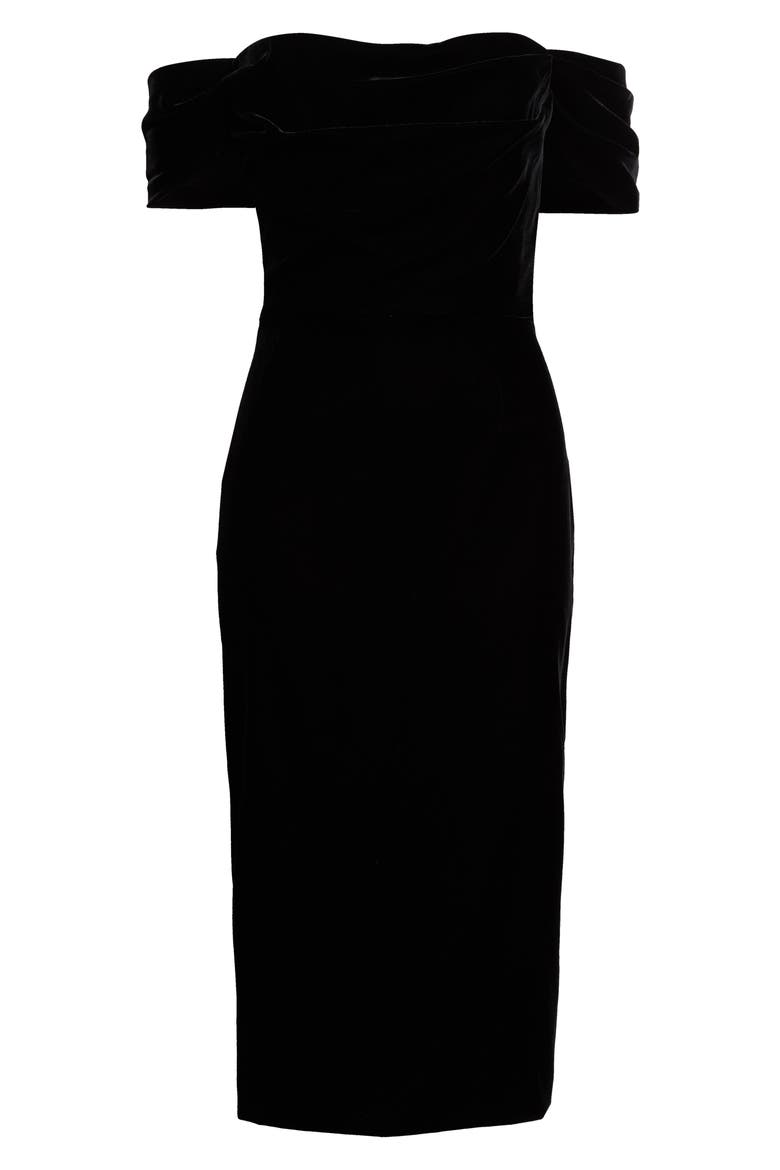 Off the Shoulder Stretch Velvet Midi Dress, Alternate, color, BLACK