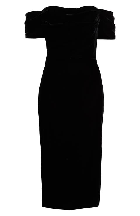 Off the Shoulder Stretch Velvet Midi Dress