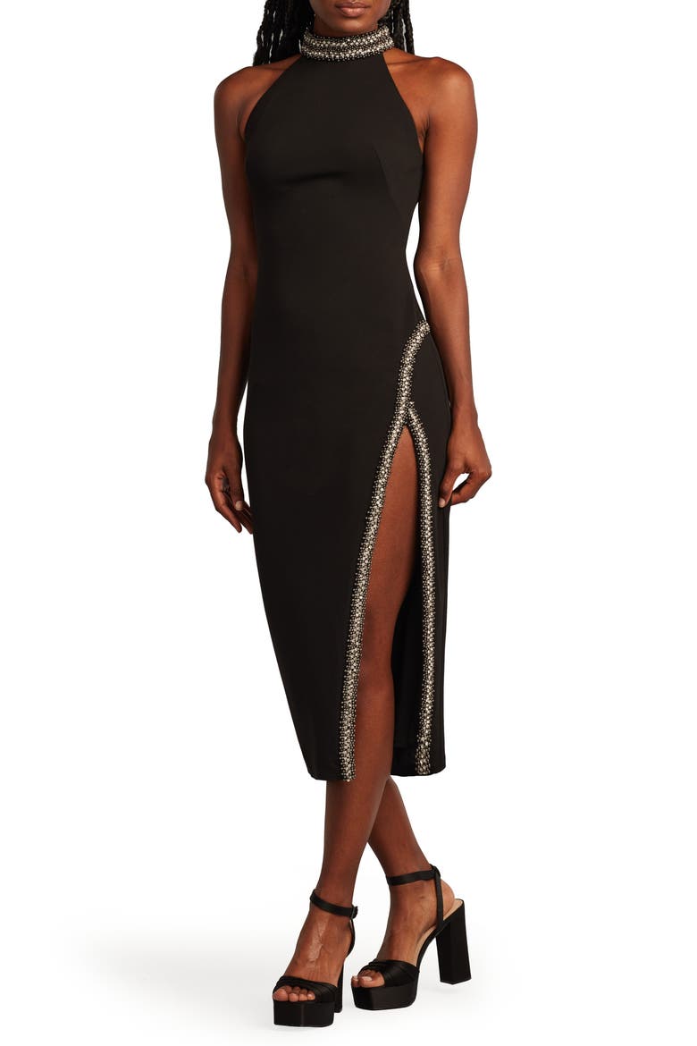 Embellished Stretch Midi Dress, Alternate, color, BLACK