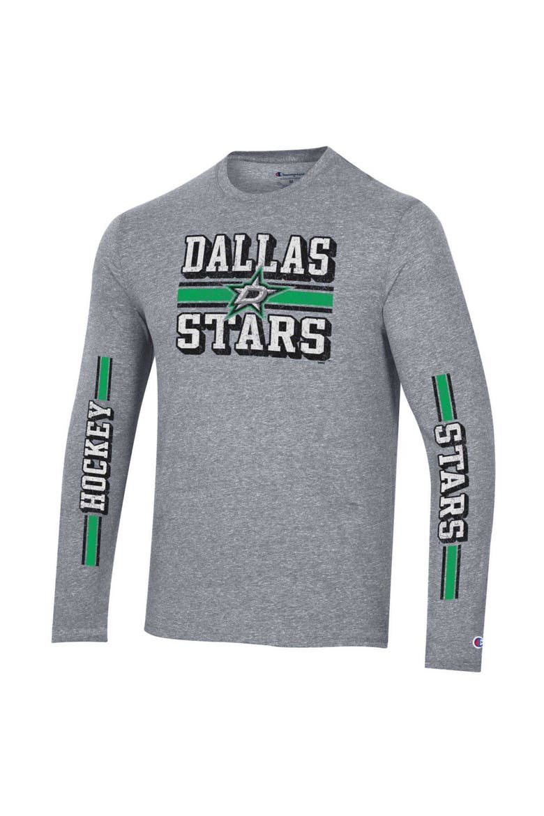 Men's Champion Heather Gray Dallas Stars Tri-Blend Dual-Stripe Long Sleeve T-Shirt, Alternate, color, Heather Gray