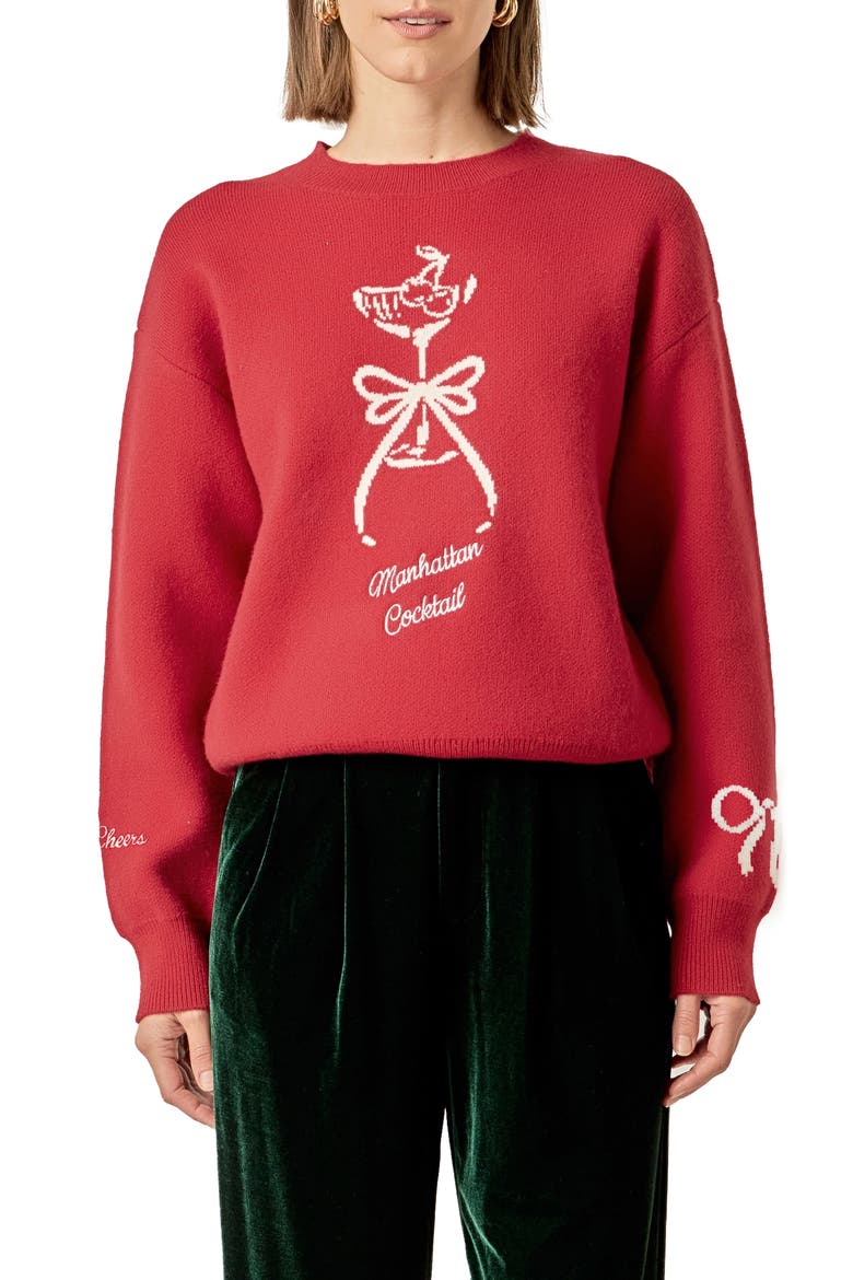 Manhattan Cocktail Sweater, Main, color, DARK RED/ WHITE