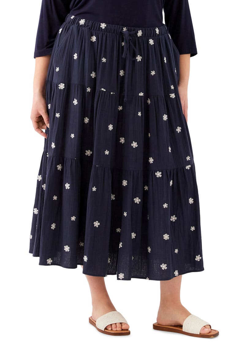 Floral Embroidered Tiered Cotton Midi Skirt, Main, color, NAVY