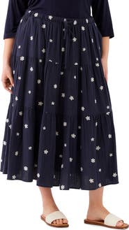 Karen Kane Floral Embroidered Tiered Cotton Midi Skirt