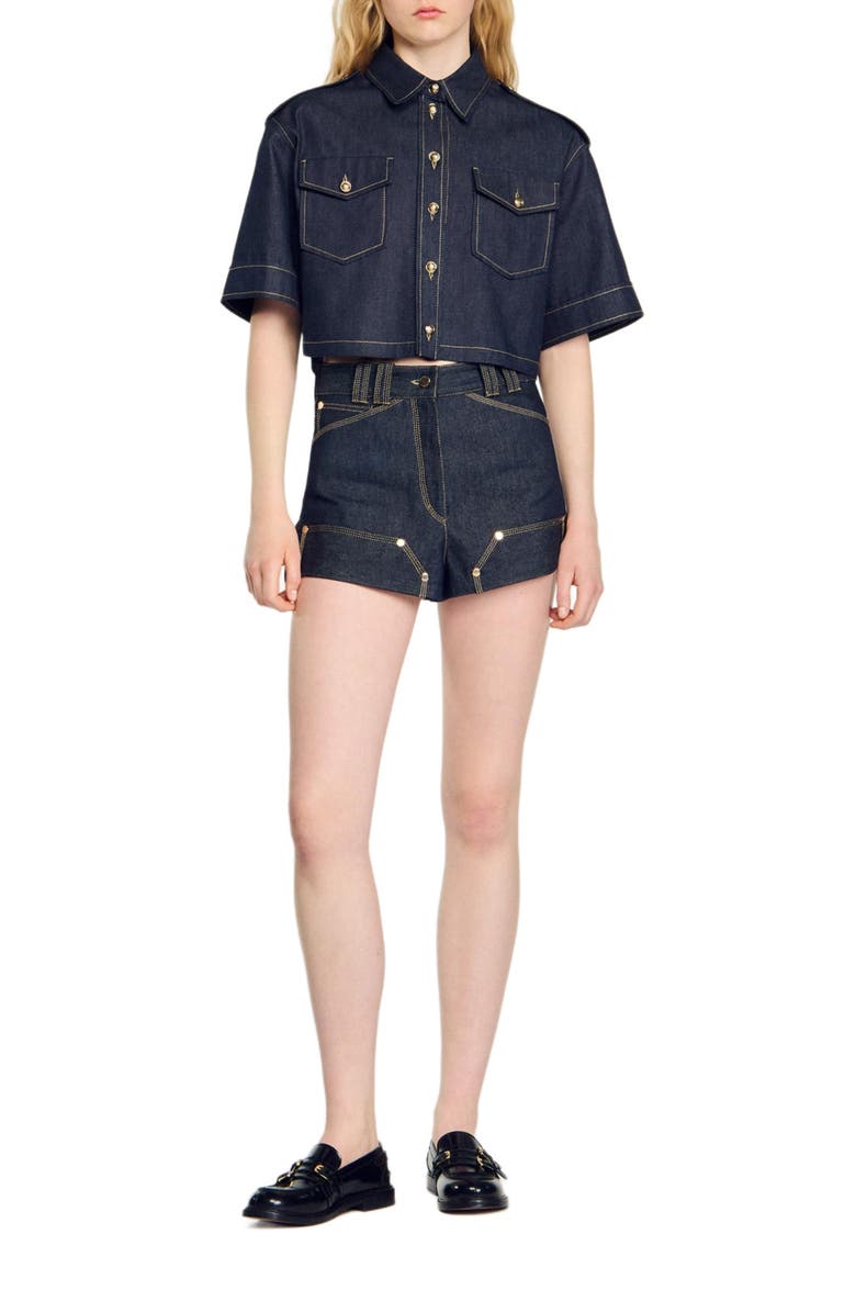 SANDRO Raw denim shorts, Main, color, 