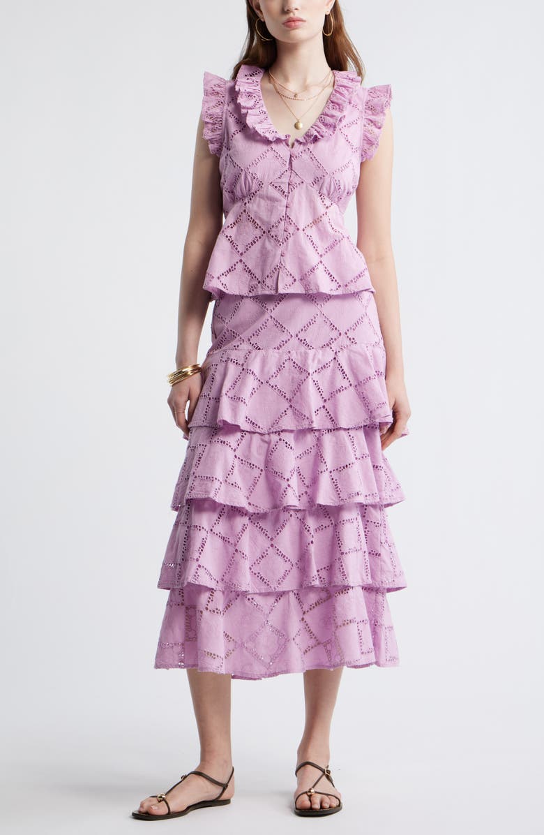 Treasure & Bond Open Cutwork Ruffle Trim Button-Up Top, Alternate, color, Pink Gale