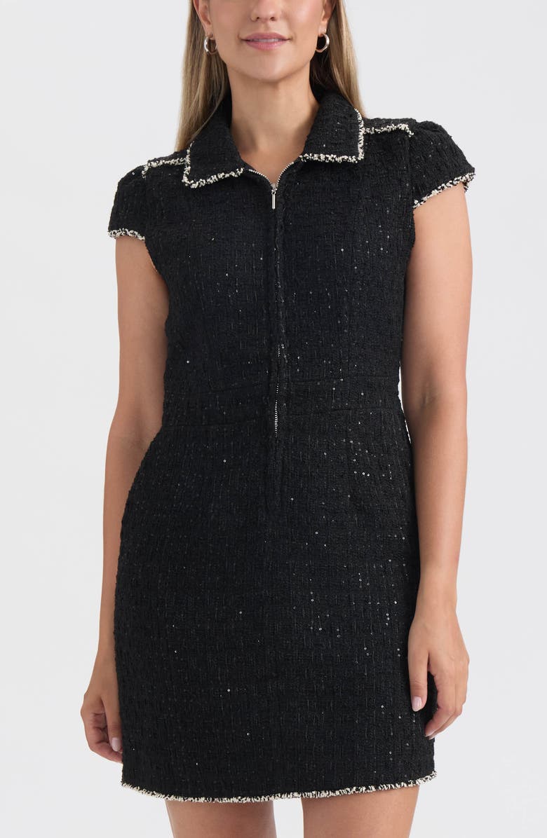 Ellen Tracy Cap Sleeve Tweed Dress, Alternate, color, Black