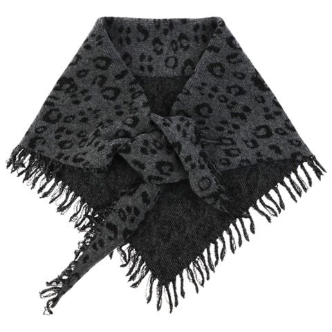 Jacquard Knit Leopard Triangle Scarf with Fringe