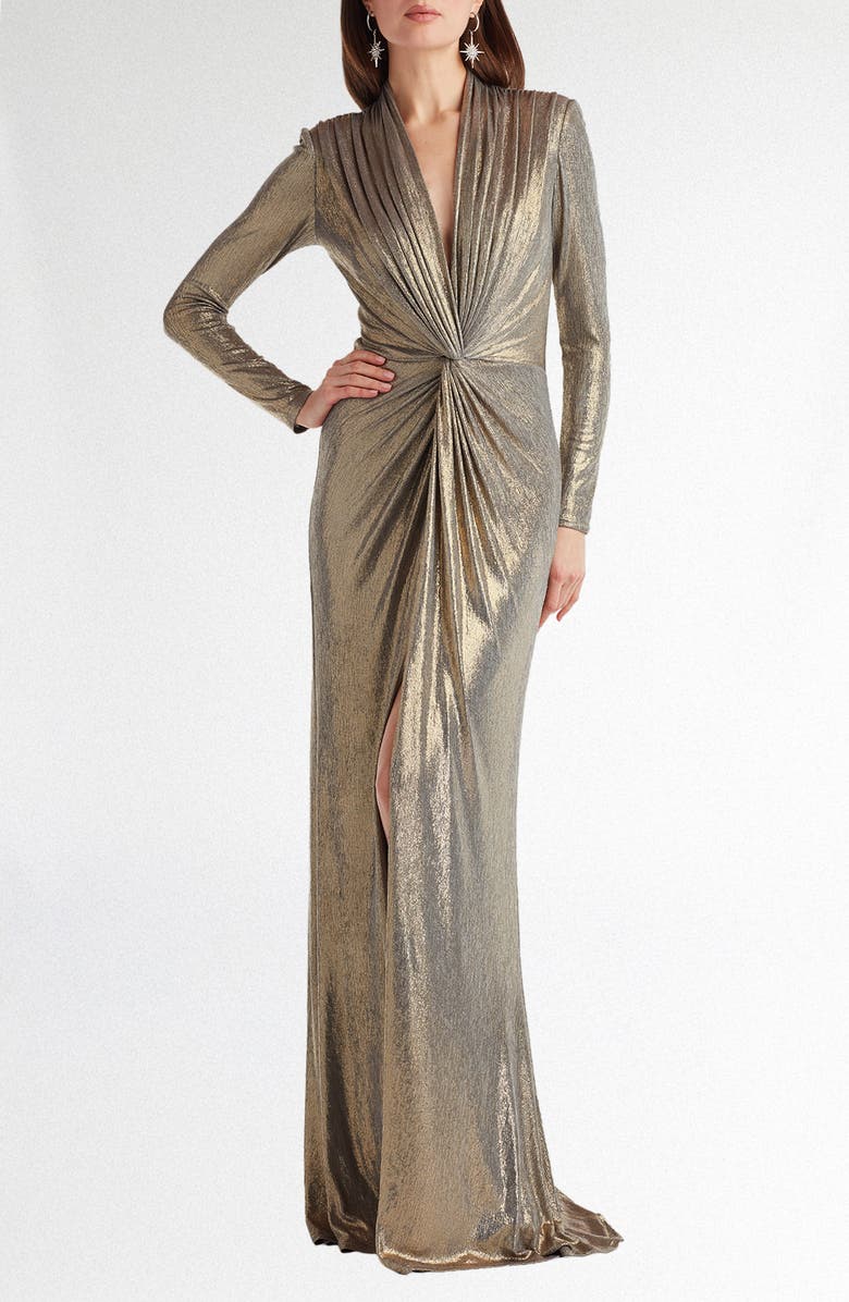 Tadashi Shoji Metallic Long Sleeve Liquid Jersey Gown, Main, color, Smoke Pearl