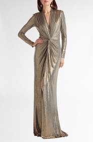 Tadashi Shoji Metallic Long Sleeve Liquid Jersey Gown