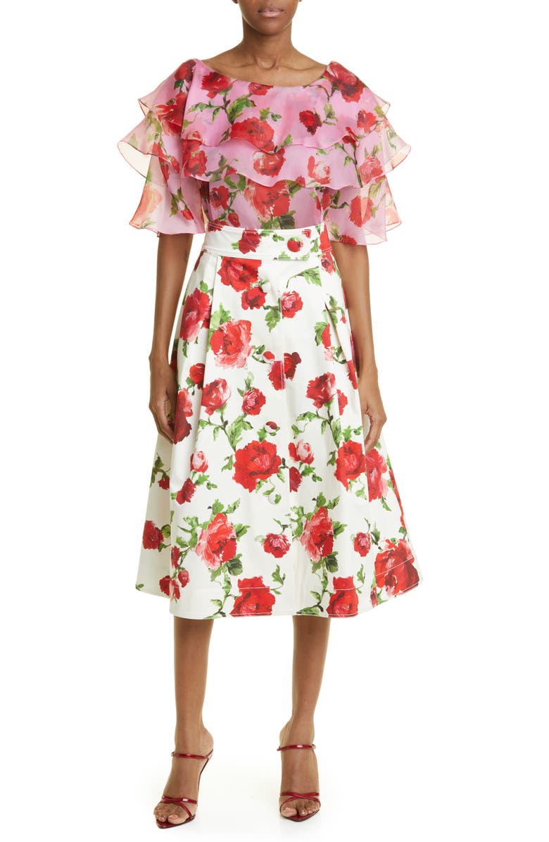 Carolina Herrera Rose Print Button Front Cotton A-Line Skirt, Alternate, color, 