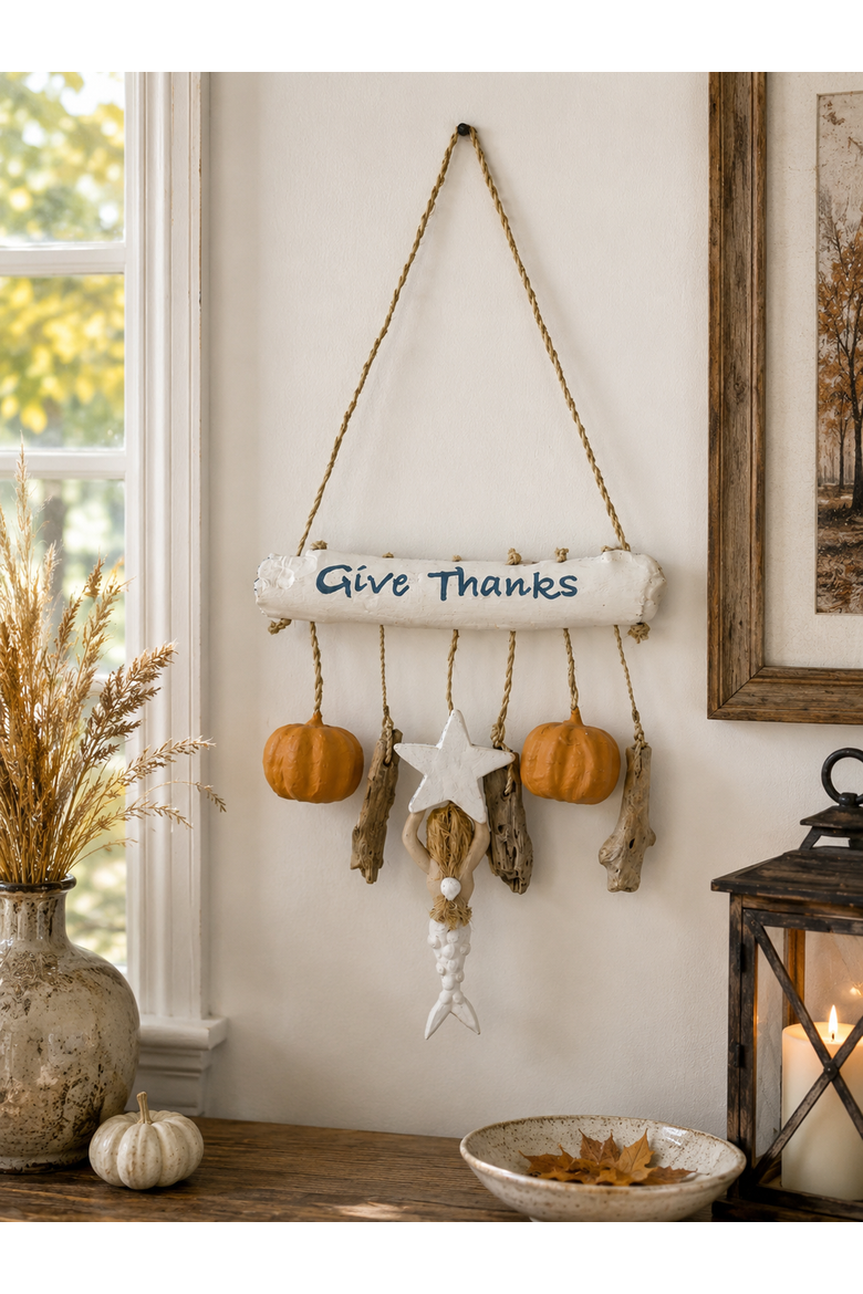 "Give Thanks" Mermaid Pumpkin Hanging Figurine, Alternate, color, White