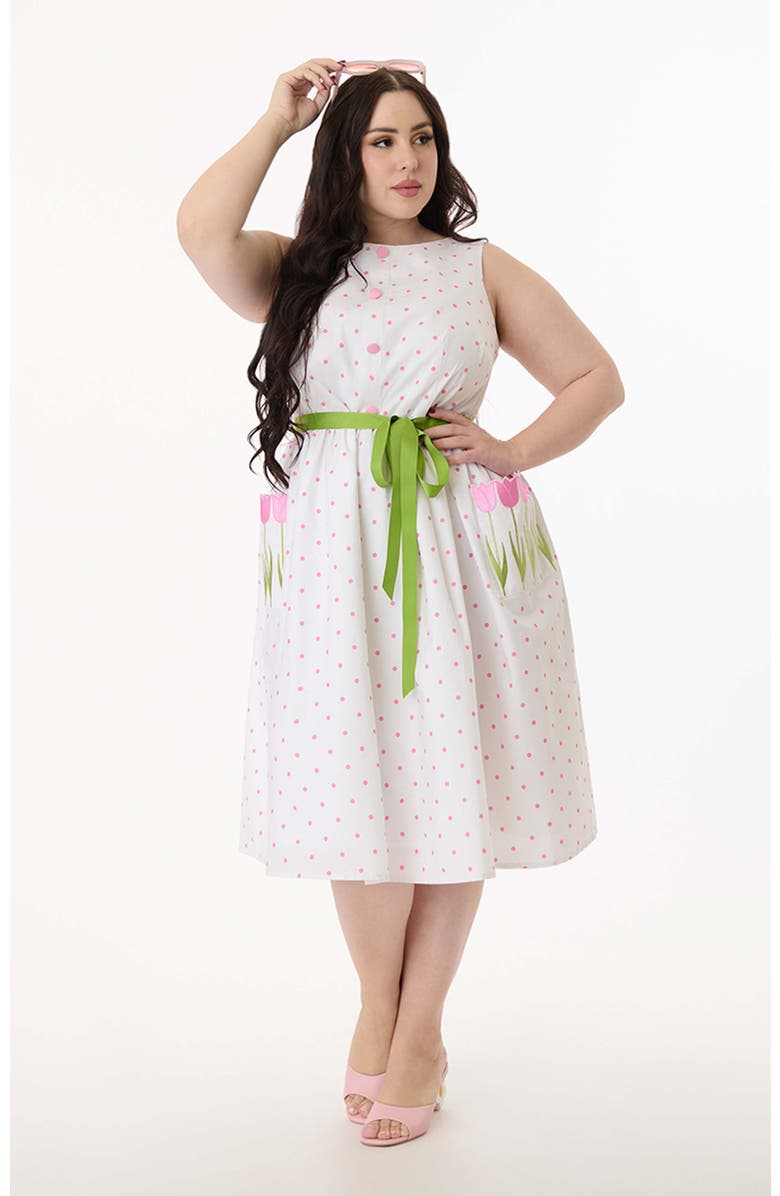 Smak Parlour Plus Size Tulip Pocket Swing Dress, Main, color, White & Pink