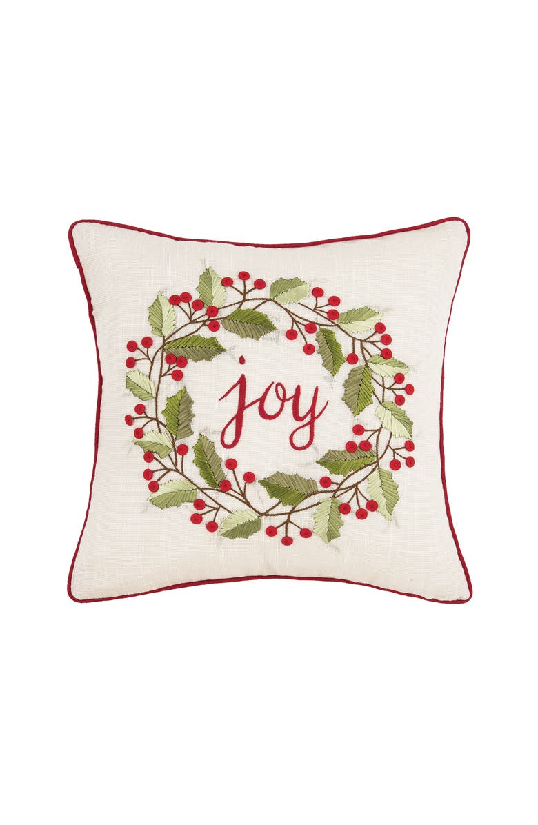 C&F Home "Joy" Christmas Berry Wreath Accent Throw Pillow 18" x 18", Main, color, 