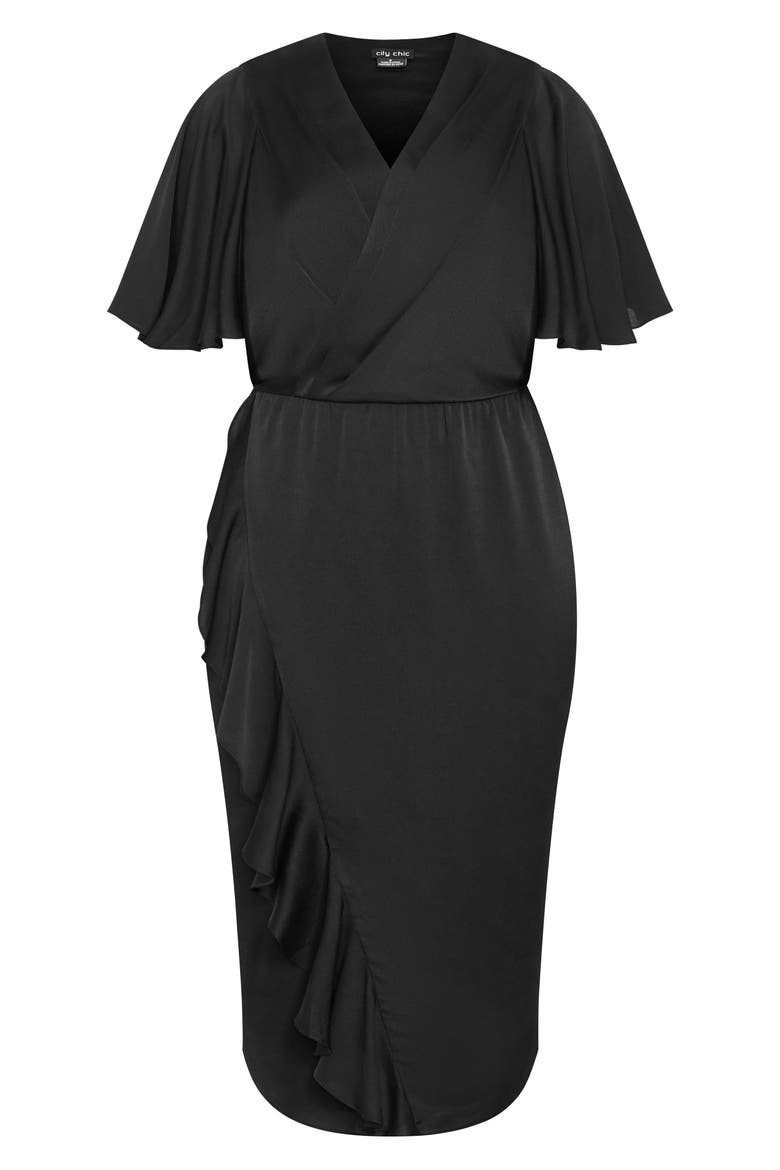 Holland Sateen Faux Wrap Midi Dress, Alternate, color, BLACK