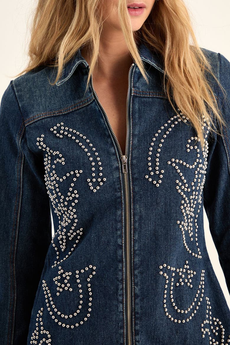 Studded Zip Front Denim Mini Dress, Alternate, color, Authentic Midwash