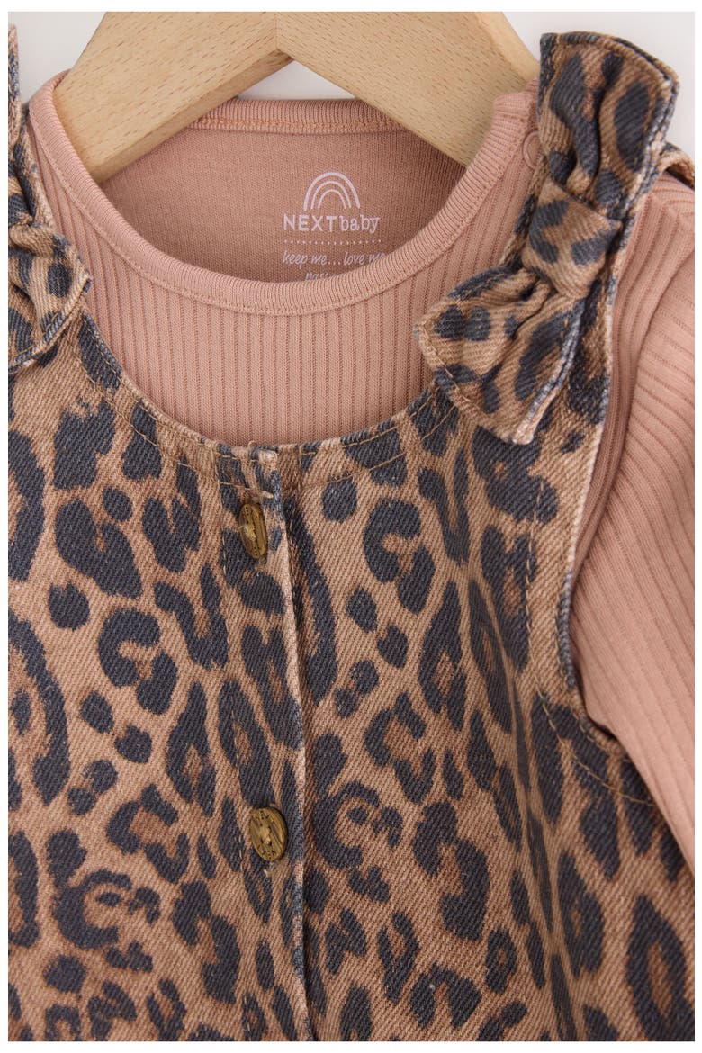 Leopard Denim Pinafore Dress, Ribbed Bodysuit & Tights Set, Alternate, color, PINK MULTI